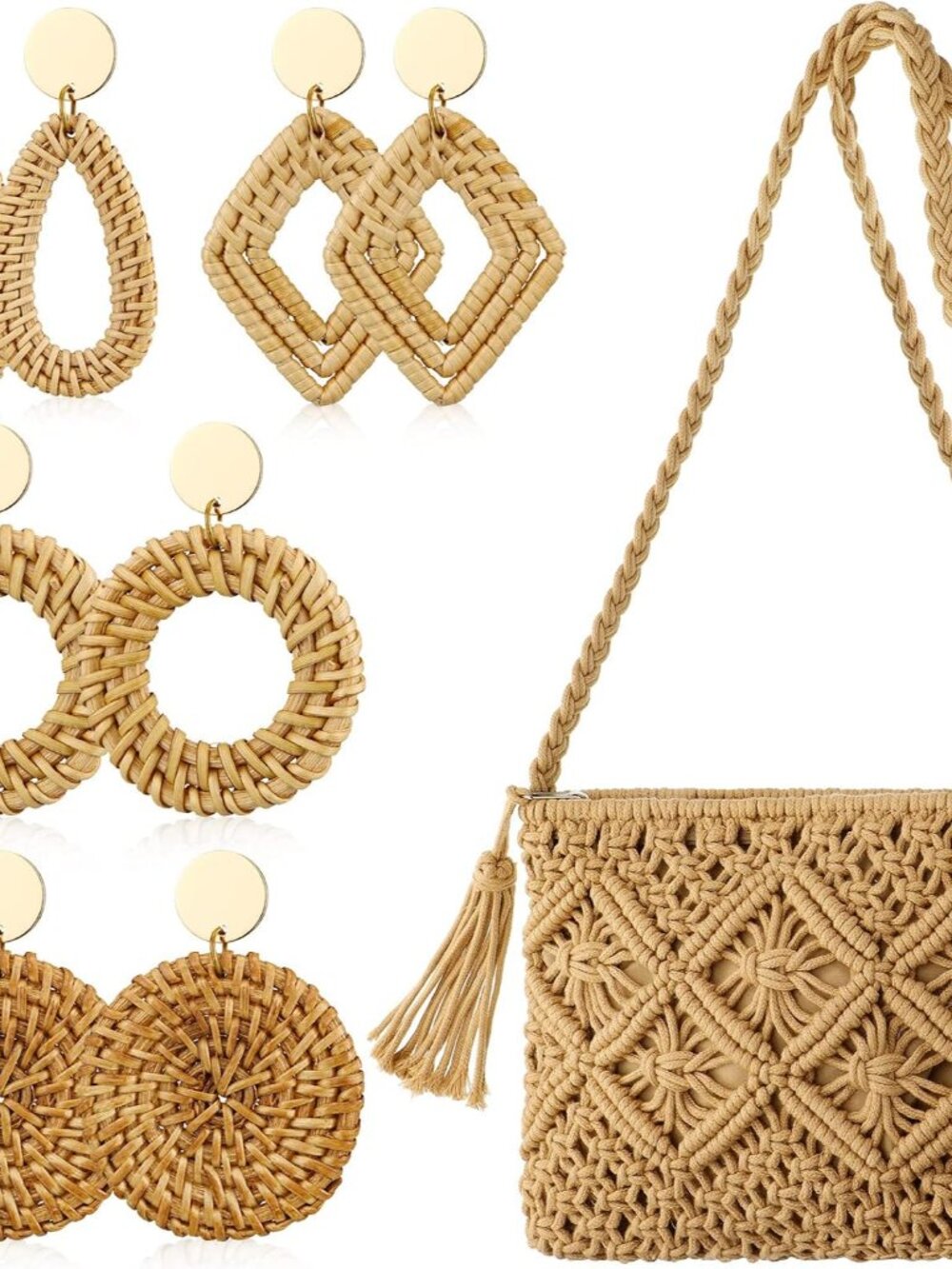 9 Pcs Straw Clutch Purse for Women Summer Beach Straw Bag Rattan Earrings Set Bo